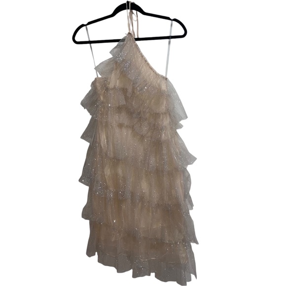 NEW NWOT The Bar Kai Tiered Tulle Halter Midi Dress In Sparkle Nude - Picture 5 of 13